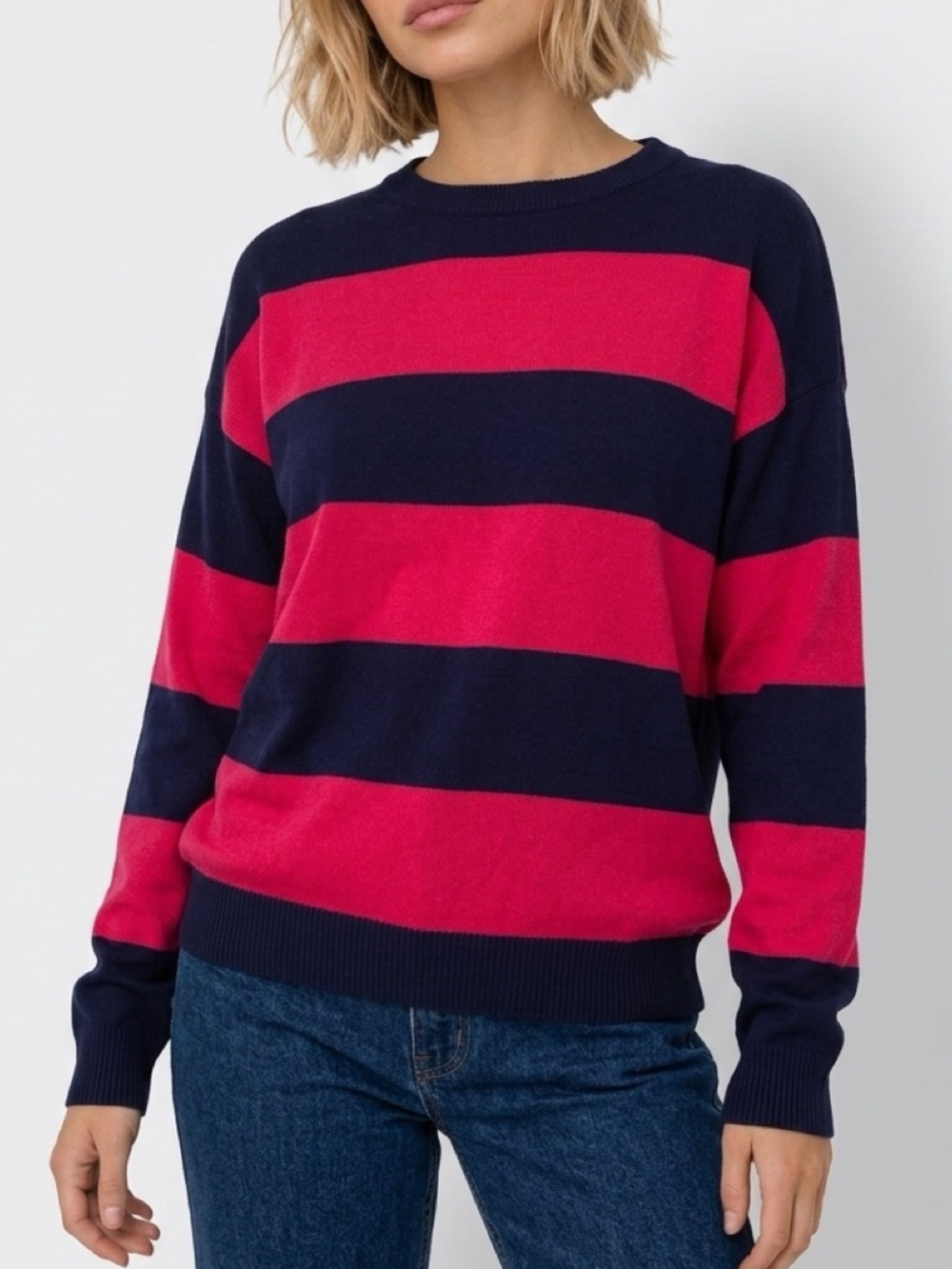 Edikted Navy and Red Wide-Stripe Crewneck Sweater Size M/L